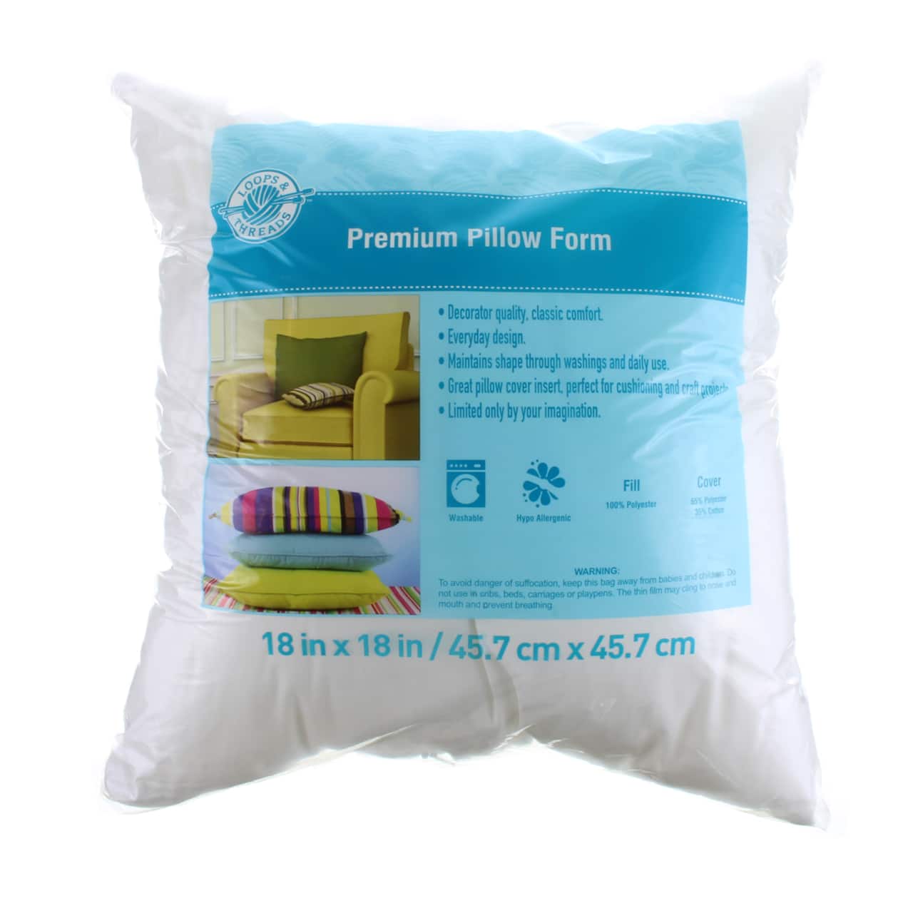6 Pack: Premium Pillow Form by Loops &#x26; Threads&#x2122;, 18&#x22; x 18&#x22;